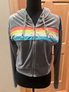 SO Lounge Zip-Front Velour Cropped Cozy Hoodie w/Front Colorful Stripes S Junior